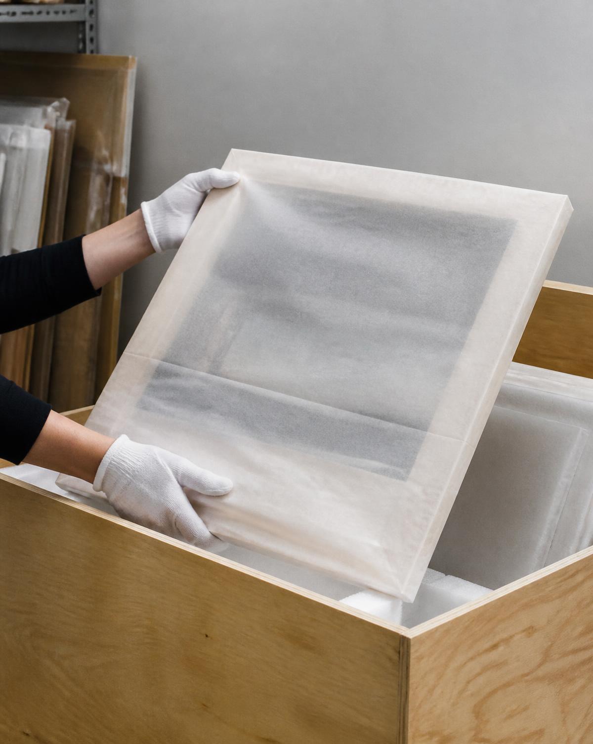 Gloved hands lifting a glassine-wrapped work out of a plywood art crate